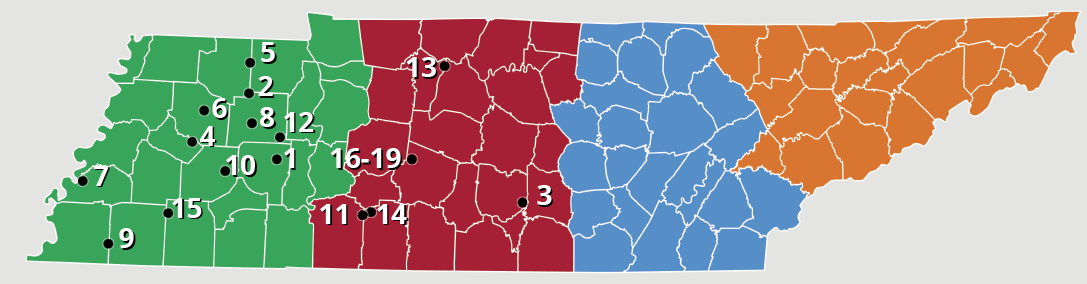 Tennessee TWRA fishing lake locations map.