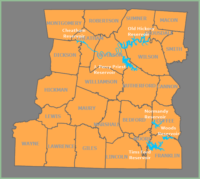 Map of Middle Tennessee Region 2 showing counties and major reservoirs including Old Hickory, Percy Priest, Normandy, Woods, and Tims Ford.