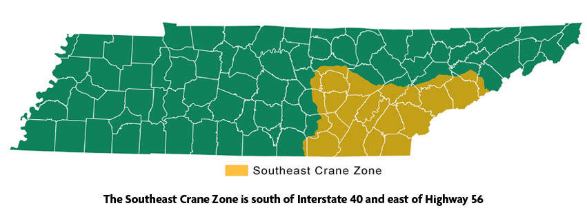 Tennessee map of the southeast crane zone.