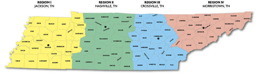 Tennessee map of TWRA offices and Regions.