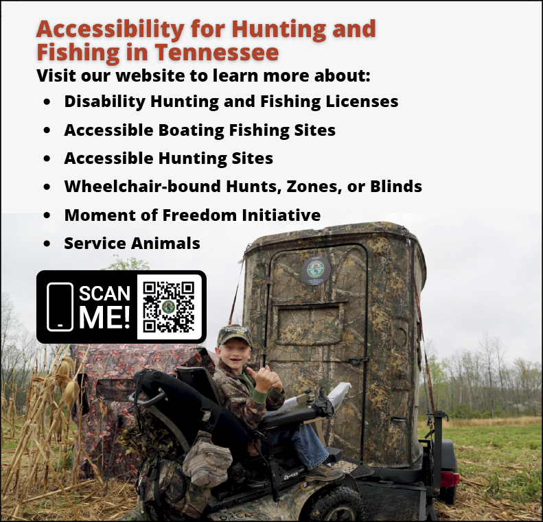 Accessibility graphic for hunting and fishing in Tennessee highlighting adaptive programs, with a youth hunter using a wheelchair near a hunting blind.