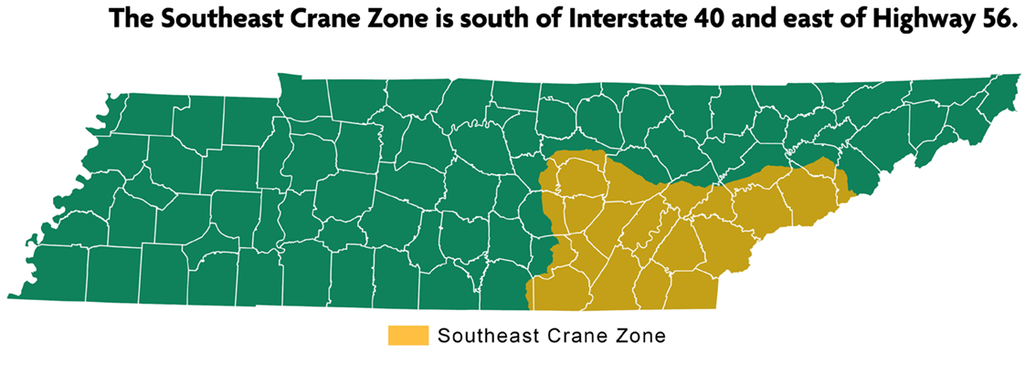 Map of Southeast Crane Zone for Hunting Sandhill Crane in Tennessee