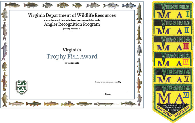 Trophy Fish Award Certificate and Master Angler Award Patches