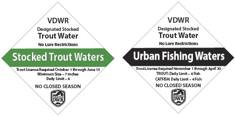 Stocked Trout Waters Sign and Urban Fishing Waters Sign