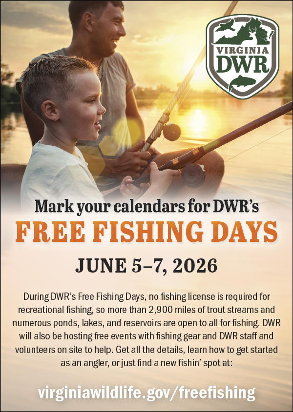 Adult and child fishing together at sunset during Virginia DWR Free Fishing Days, promoting license-free freshwater fishing opportunities in Virginia.