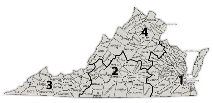 Virginia map of the regions.