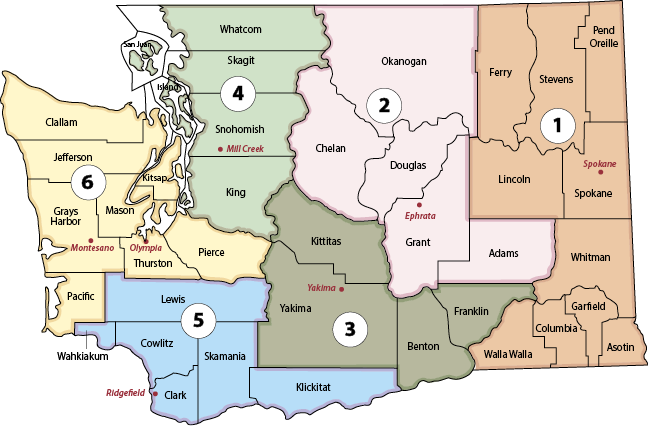 Map of Washington Regions 1 - 6 