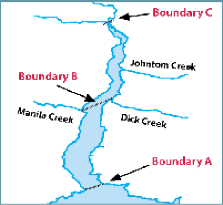 Map diagram of the Sanpoil River in Washington State showing boundaries A, B, and C along with Johnson Creek, Manito Creek, and Dick Creek.