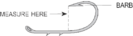 Diagram of a fishing hook showing where to measure from the shank to the point below the barb.