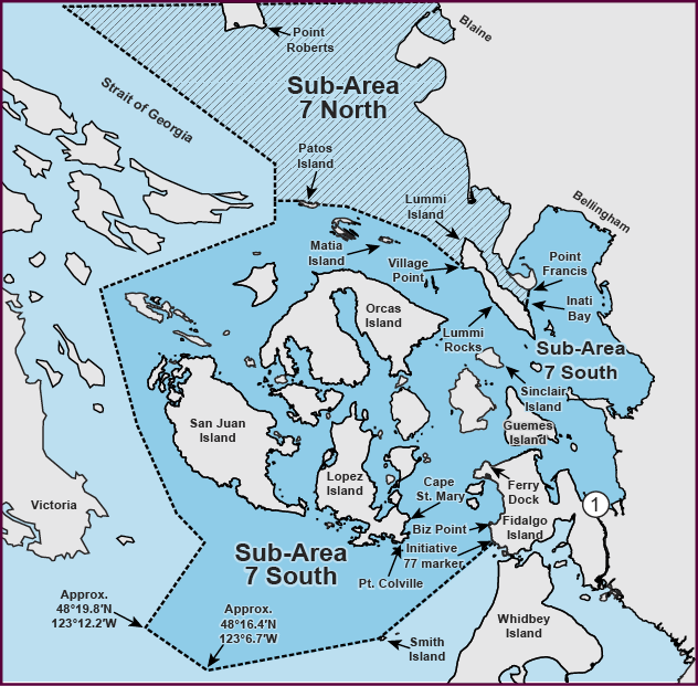 Map of Washington Marine Area 7 showing Sub-Area 7 North and Sub-Area 7 South, including San Juan Islands, Orcas Island, Lopez Island, and key fishing boundaries.
