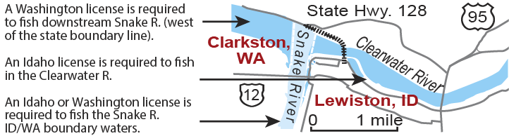Map of the Snake River and Clearwater River near Clarkston, Washington, and Lewiston, Idaho, showing fishing license requirements for Washington, Idaho, and boundary waters.