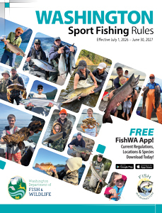 Cover of the 2026–2027 Washington Sport Fishing Rules guide featuring a collage of anglers holding salmon, trout, and other fish across Washington waterways. The publication highlights free fishing regulations, current rules, fishing locations, and species identification resources from the Washington Department of Fish and Wildlife.