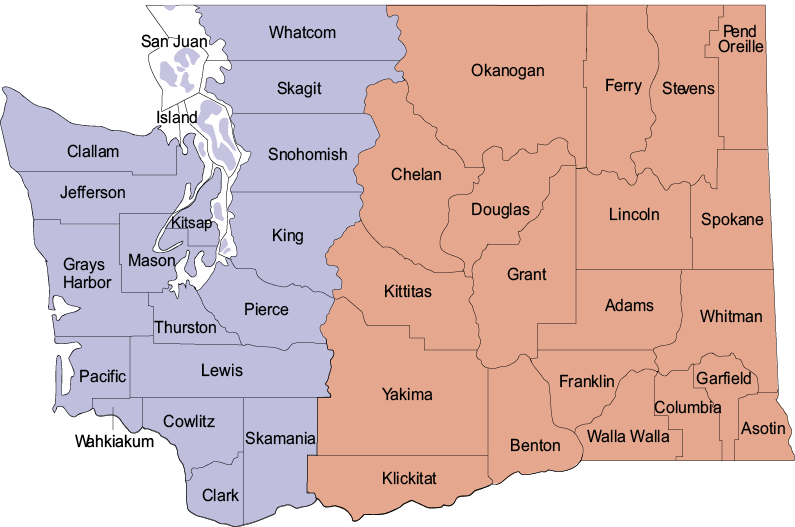 Map of Westside and Eastside Lake Areas within Washington 