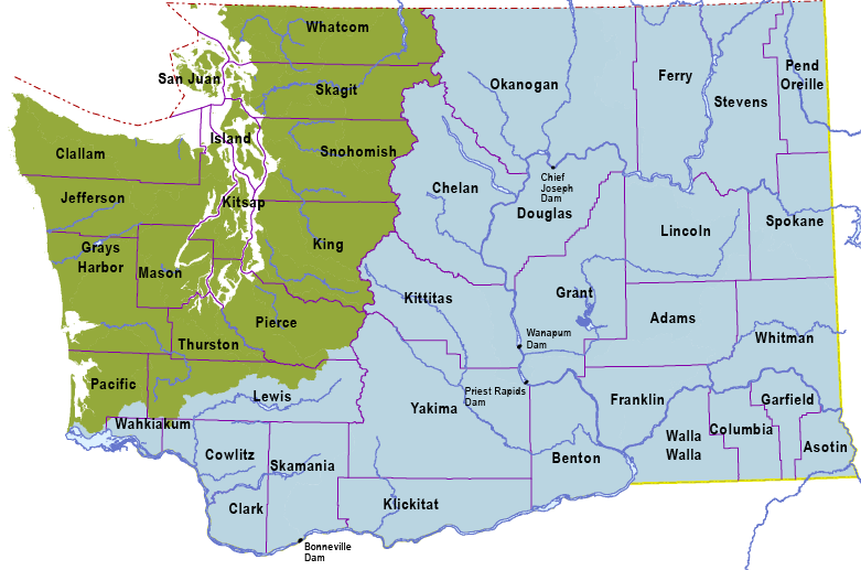 Map of Puget Sound and Coastal Rivers and Columbia Basin Rivers within Washington