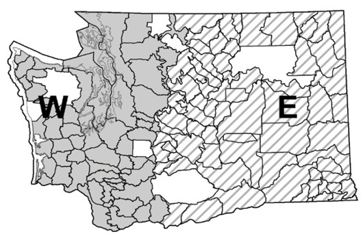 Map of Elk Tag Areas in Western Washington and Eastern Washington