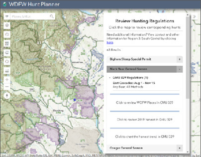 Screenshot of Washington Department of Fish and Wildlife's Hunt Planner Webmap
