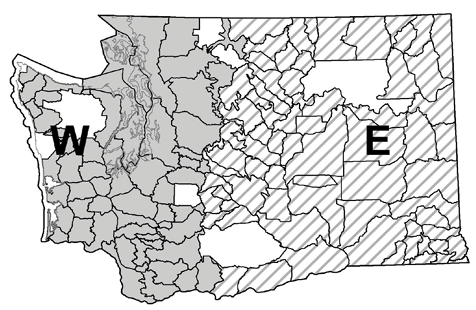 Map of Washington state showing east and west hunting zones for elk tag distribution, divided by geographic hunting unit boundaries.