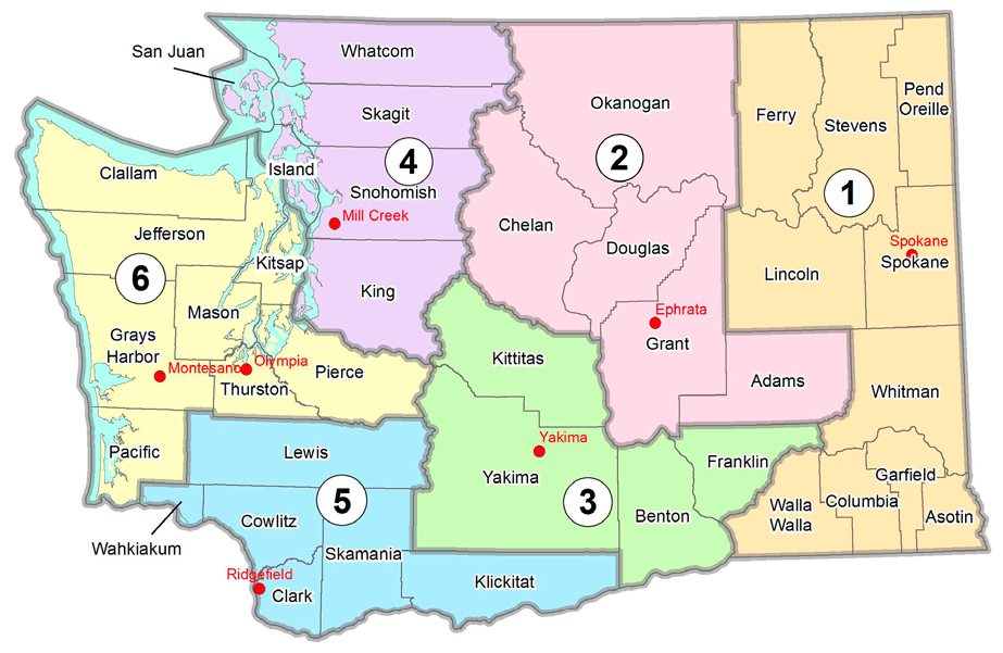 Map of Washington state showing WDFW regions and counties, including labeled cities like Spokane, Yakima, Olympia, and Ridgefield.