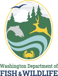 Washington Department of Fish and Wildlife logo featuring a deer, fish, crab, trees, and river in an oval emblem.