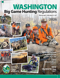 Cover of the 2026 Washington Big Game Hunting Regulations showing hunters in blaze orange with harvested deer and elk in multiple outdoor hunting scenes.