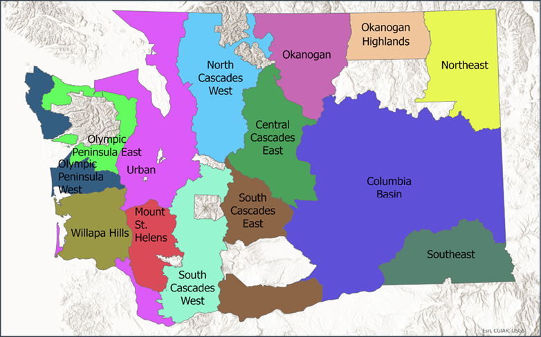 Map of Washington state showing color-coded wildlife management regions such as Columbia Basin, North Cascades, Olympic Peninsula, and Southeast.