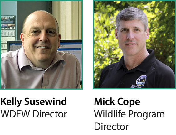 Portraits of Kelly Susewind, WDFW Director, and Mick Cope, Wildlife Program Director, shown side by side in professional headshots.
