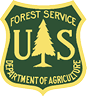 U.S. Forest Service logo featuring a green shield with a yellow pine tree and “US Department of Agriculture Forest Service” text.