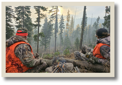 Two hunters in camouflage and blaze orange sit on a hillside overlooking a forested valley, waiting quietly during a hunt.