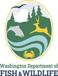 Washington Department of Fish and Wildlife logo featuring a deer, fish, evergreen trees, river waves, and a crab inside an oval design.