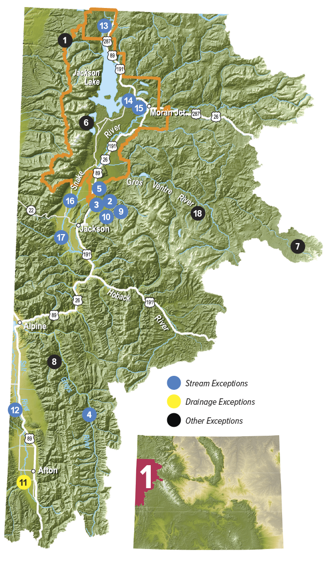 Detailed map of Wyoming fishing regulation Area 1 near Jackson, showing rivers, lakes, highways, and numbered stream, drainage, and other fishing regulation exceptions.