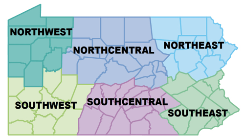 Color-coded map of Pennsylvania divided into six trout fishing regions: Northwest, Southwest, Northcentral, Southcentral, Northeast, and Southeast.